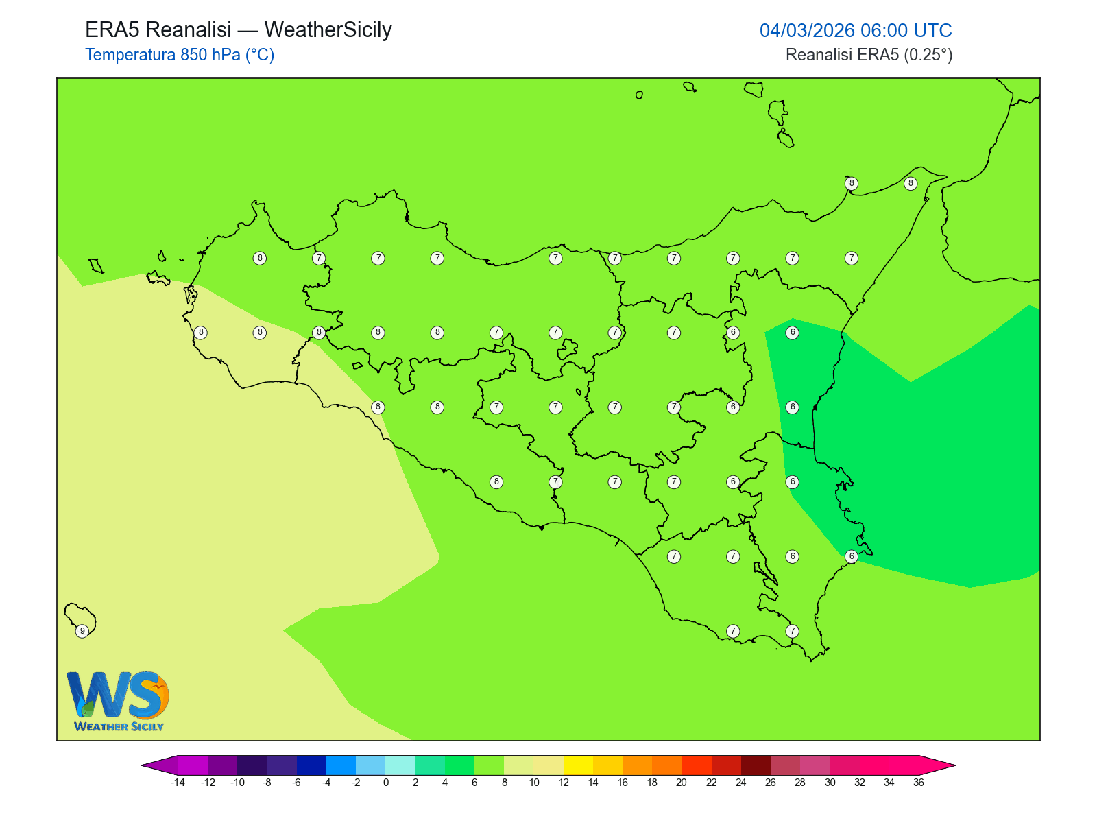 Temperatura a 850 hPa · 2026030406