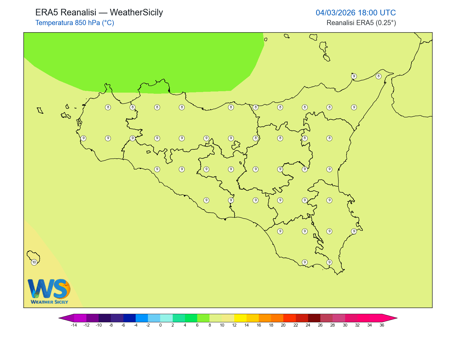 Temperatura a 850 hPa · 2026030418