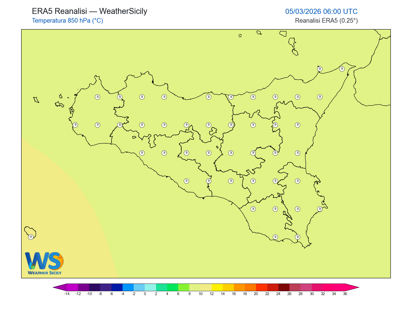 Temperatura a 850 hPa · 2026030506