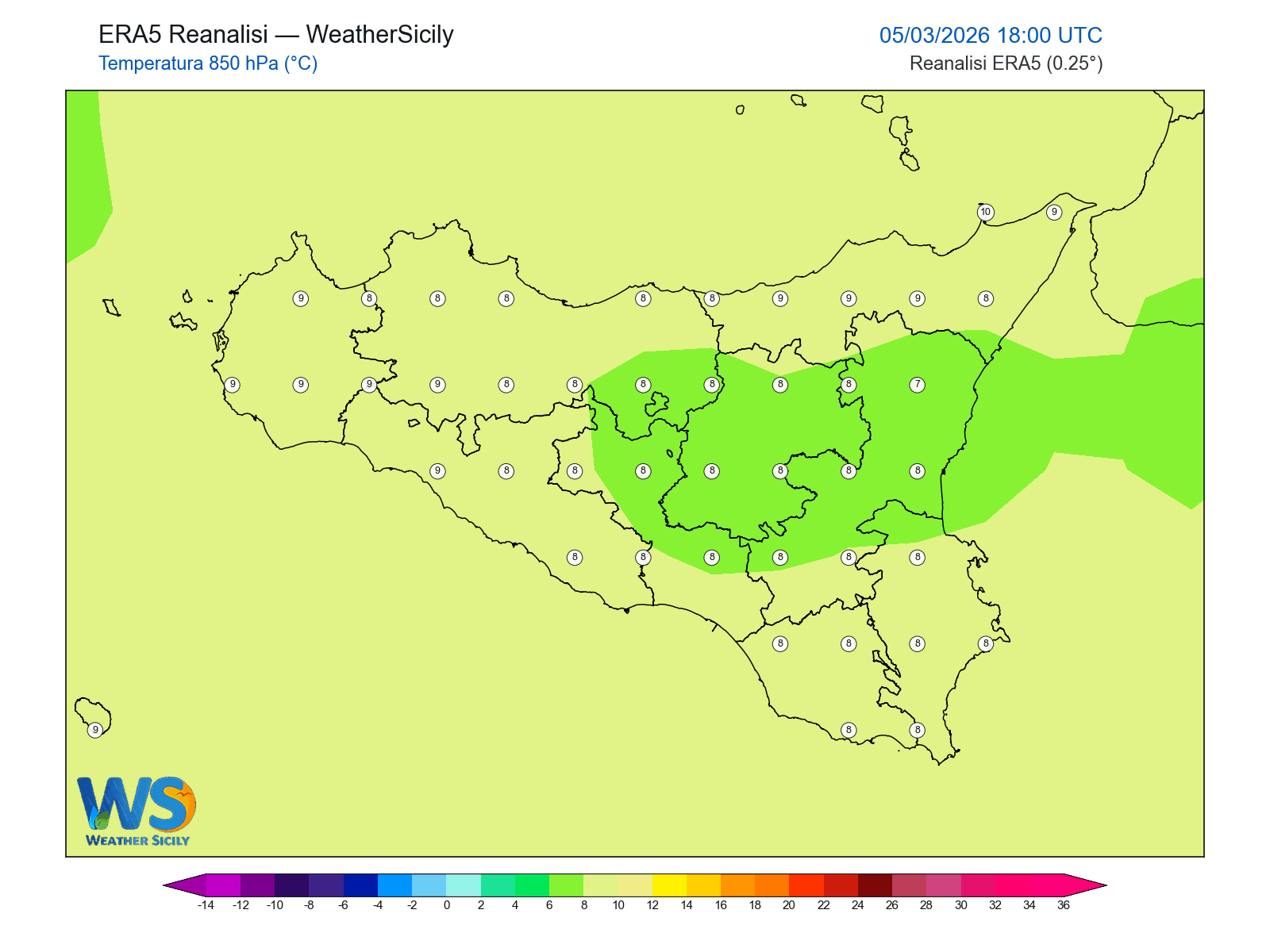 Temperatura a 850 hPa · 2026030518