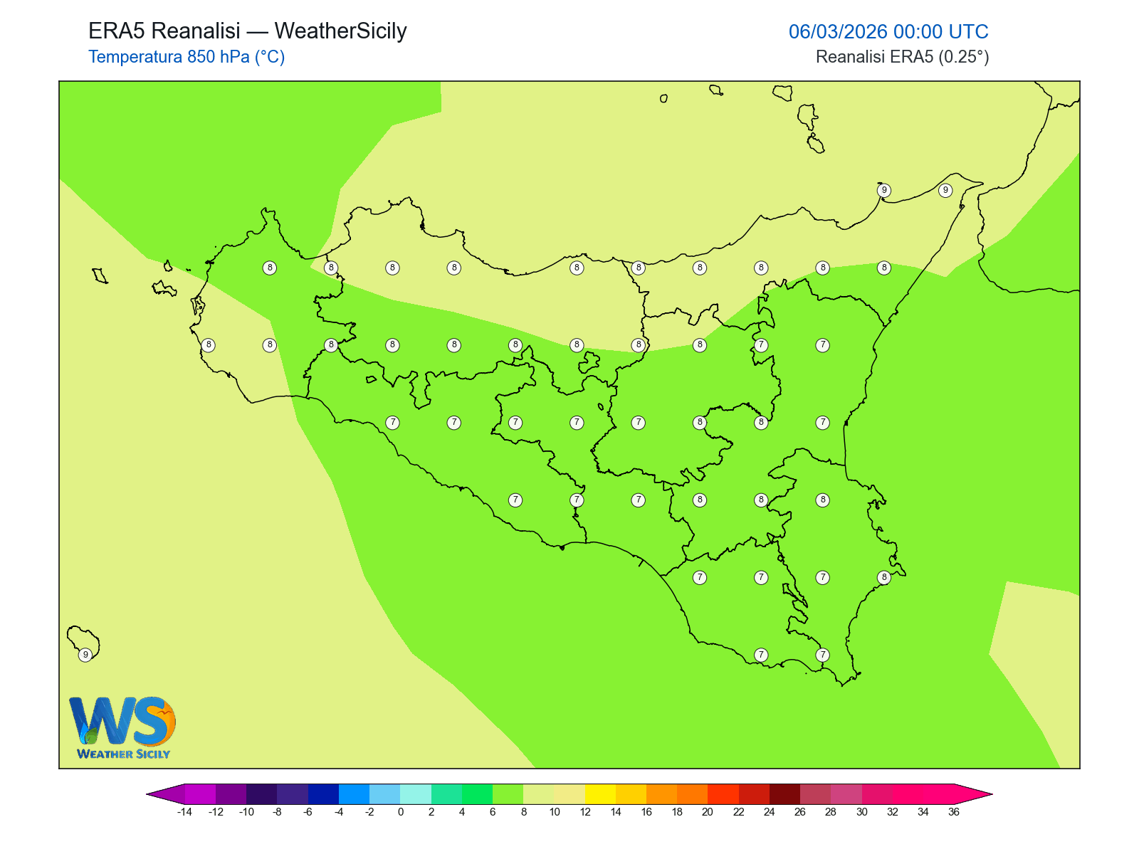 Temperatura a 850 hPa · 2026030600
