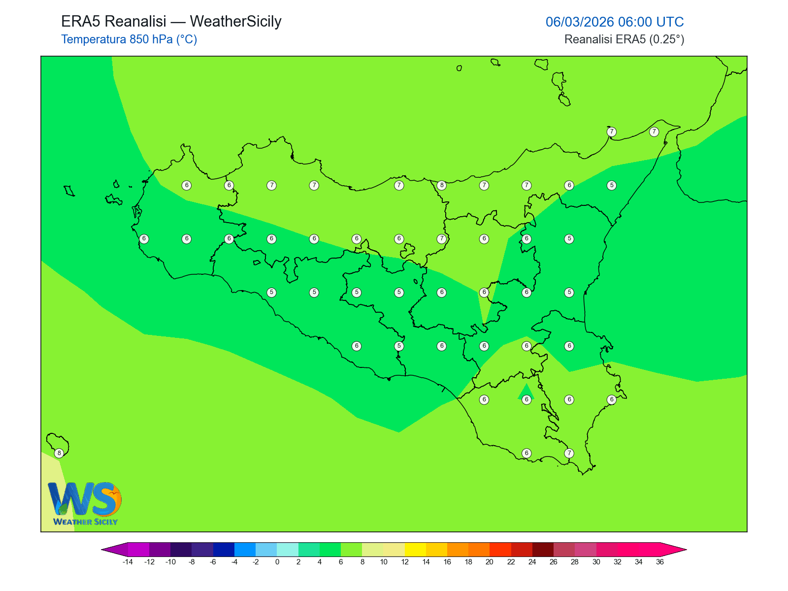 Temperatura a 850 hPa · 2026030606