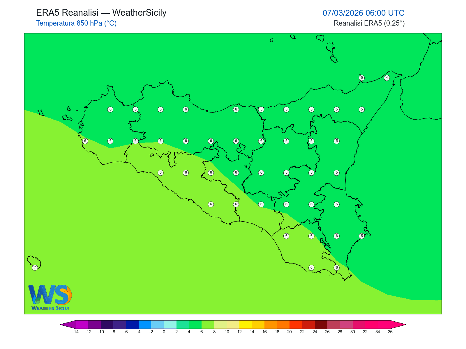 Temperatura a 850 hPa · 2026030706