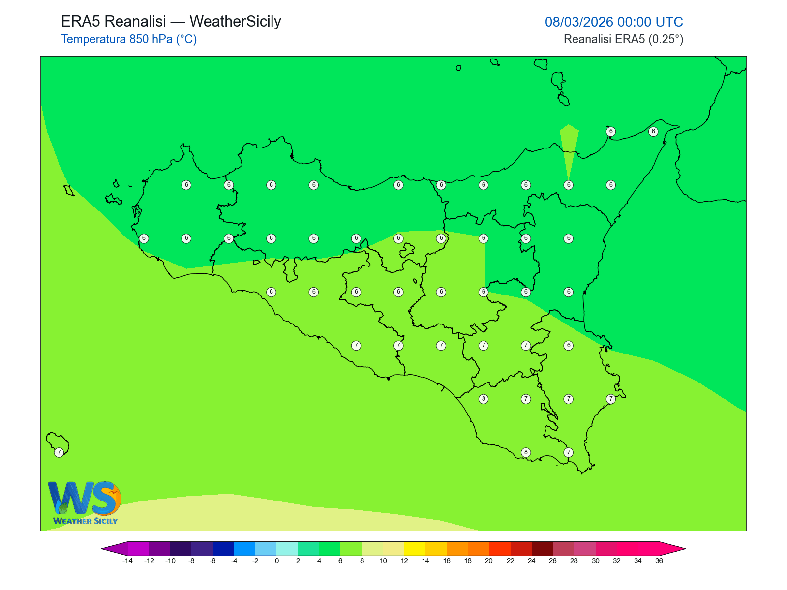 Temperatura a 850 hPa · 2026030800