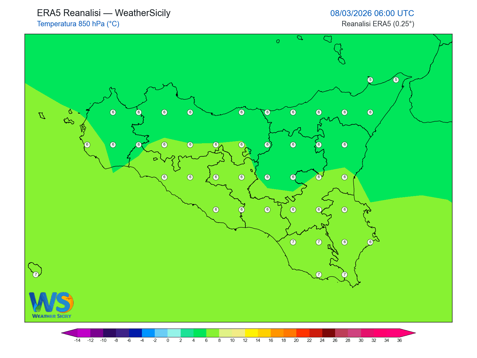 Temperatura a 850 hPa · 2026030806