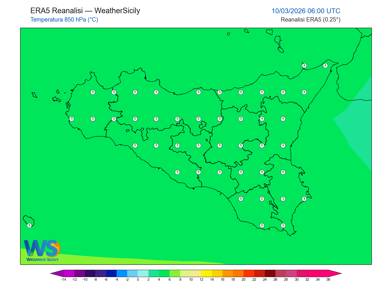 Temperatura a 850 hPa · 2026031006