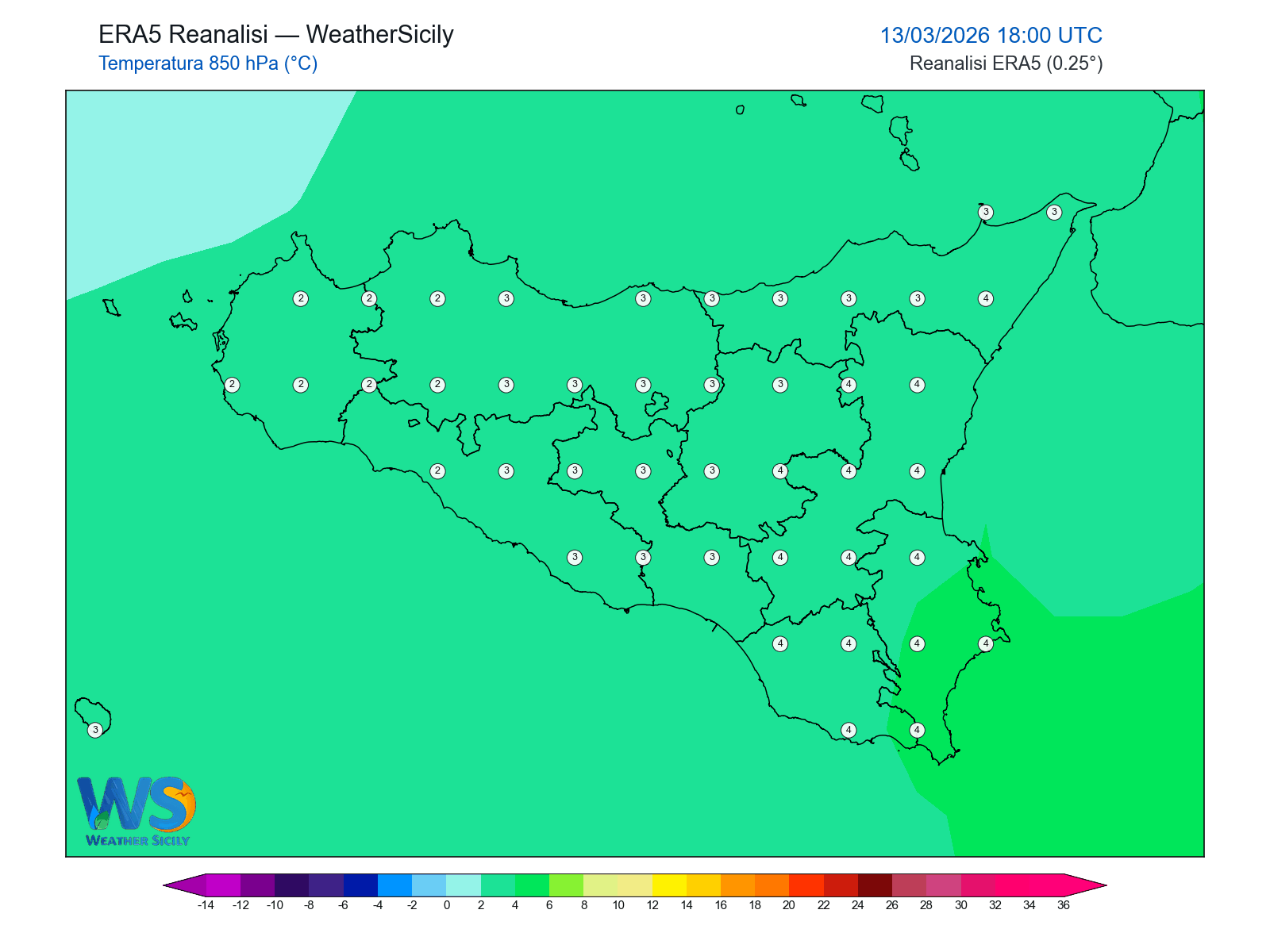 Temperatura a 850 hPa · 2026031318