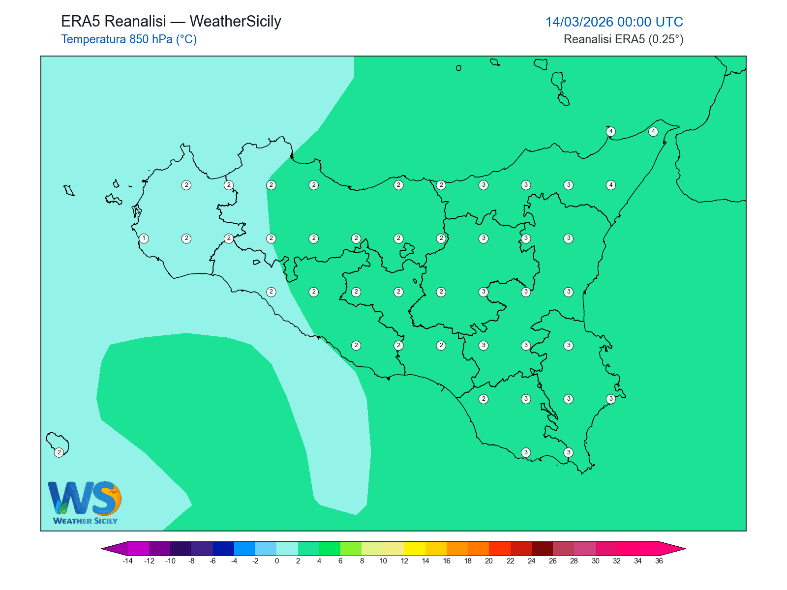 Temperatura a 850 hPa · 2026031400
