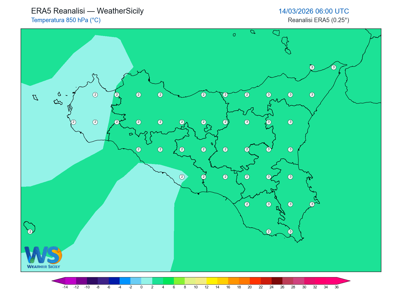 Temperatura a 850 hPa · 2026031406