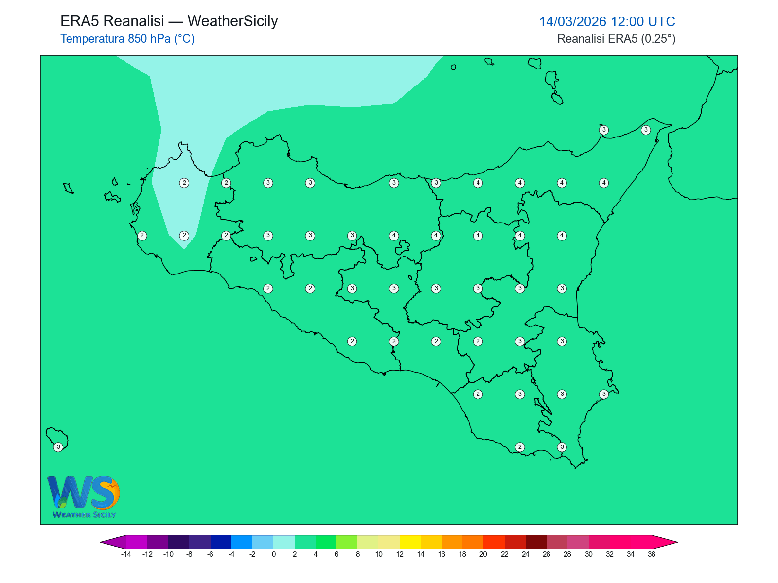 Temperatura a 850 hPa · 2026031412