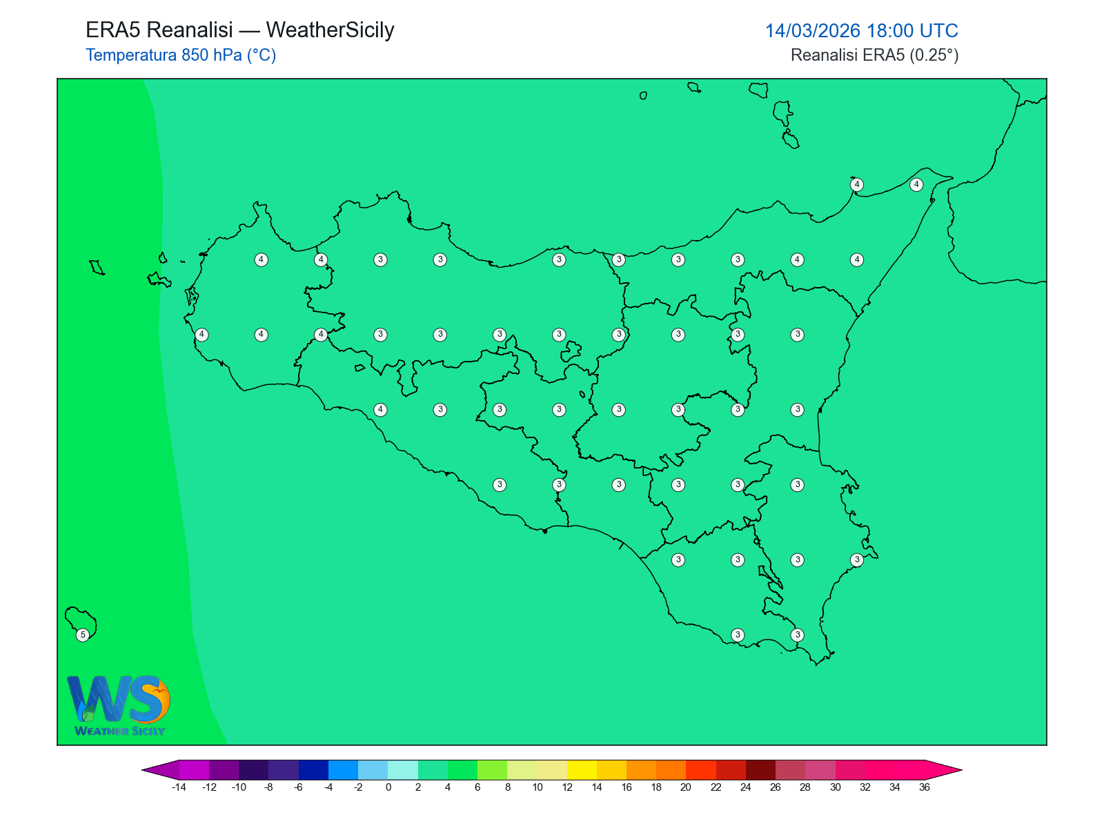 Temperatura a 850 hPa · 2026031418