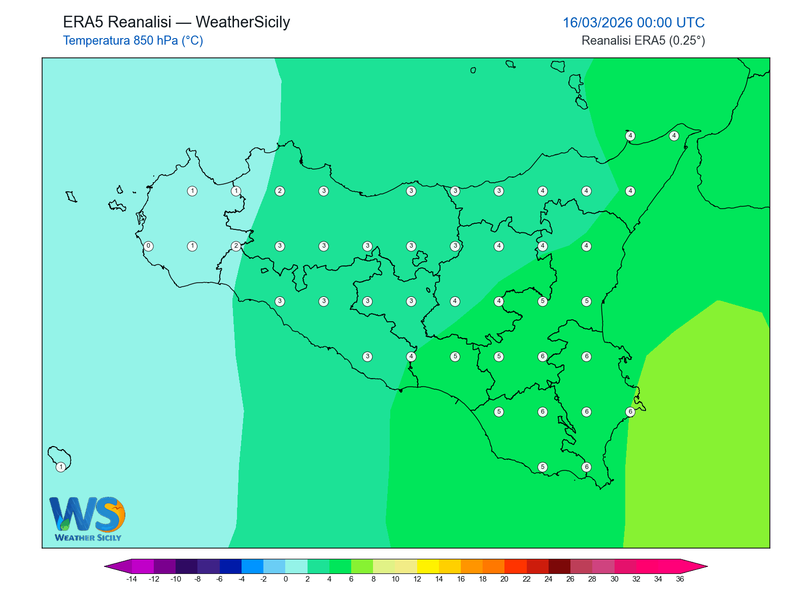 Temperatura a 850 hPa · 2026031600