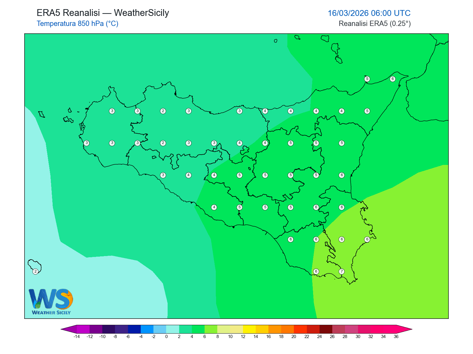 Temperatura a 850 hPa · 2026031606