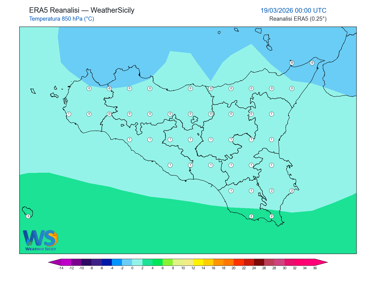 Temperatura a 850 hPa · 2026031900