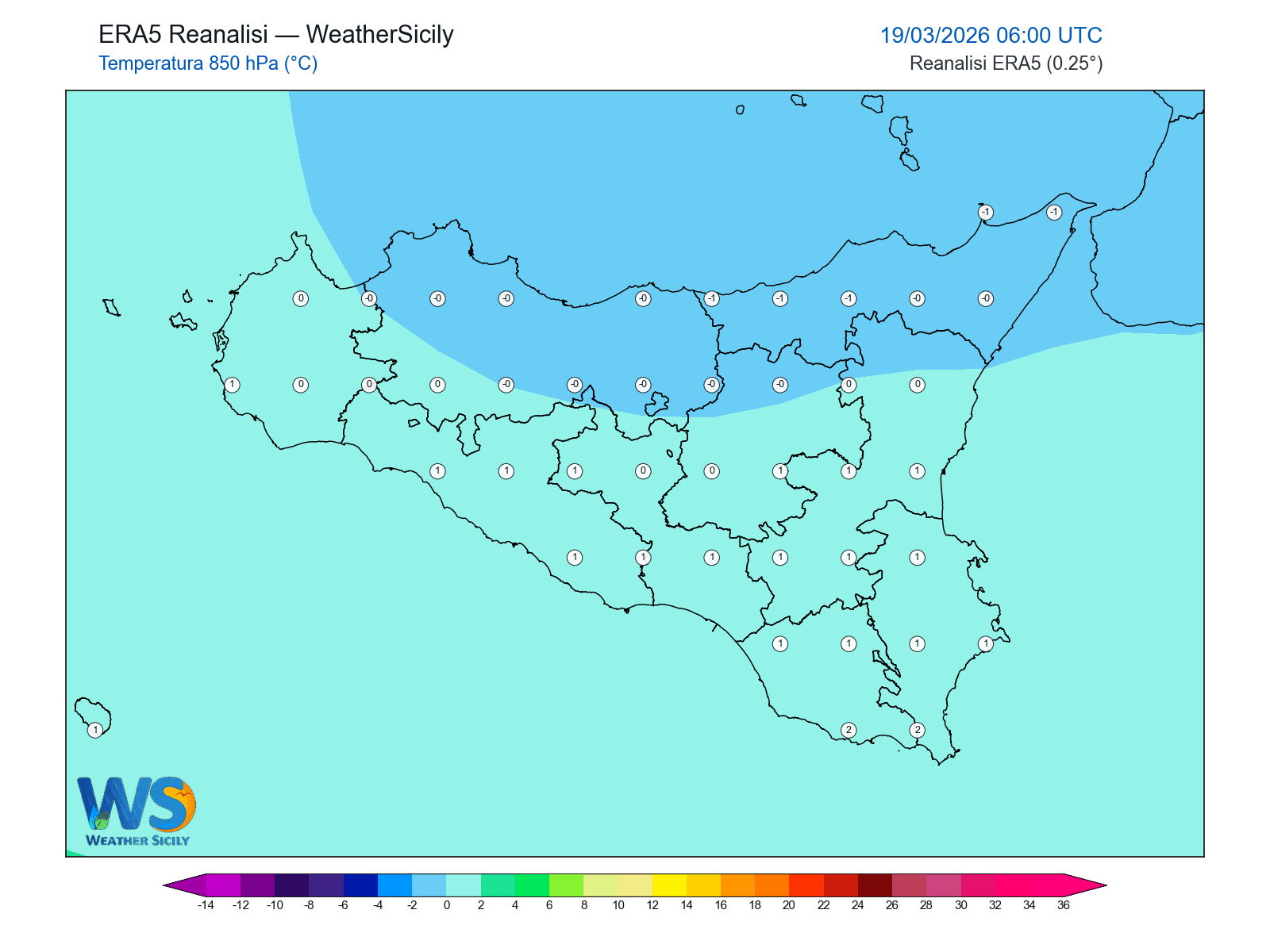 Temperatura a 850 hPa · 2026031906