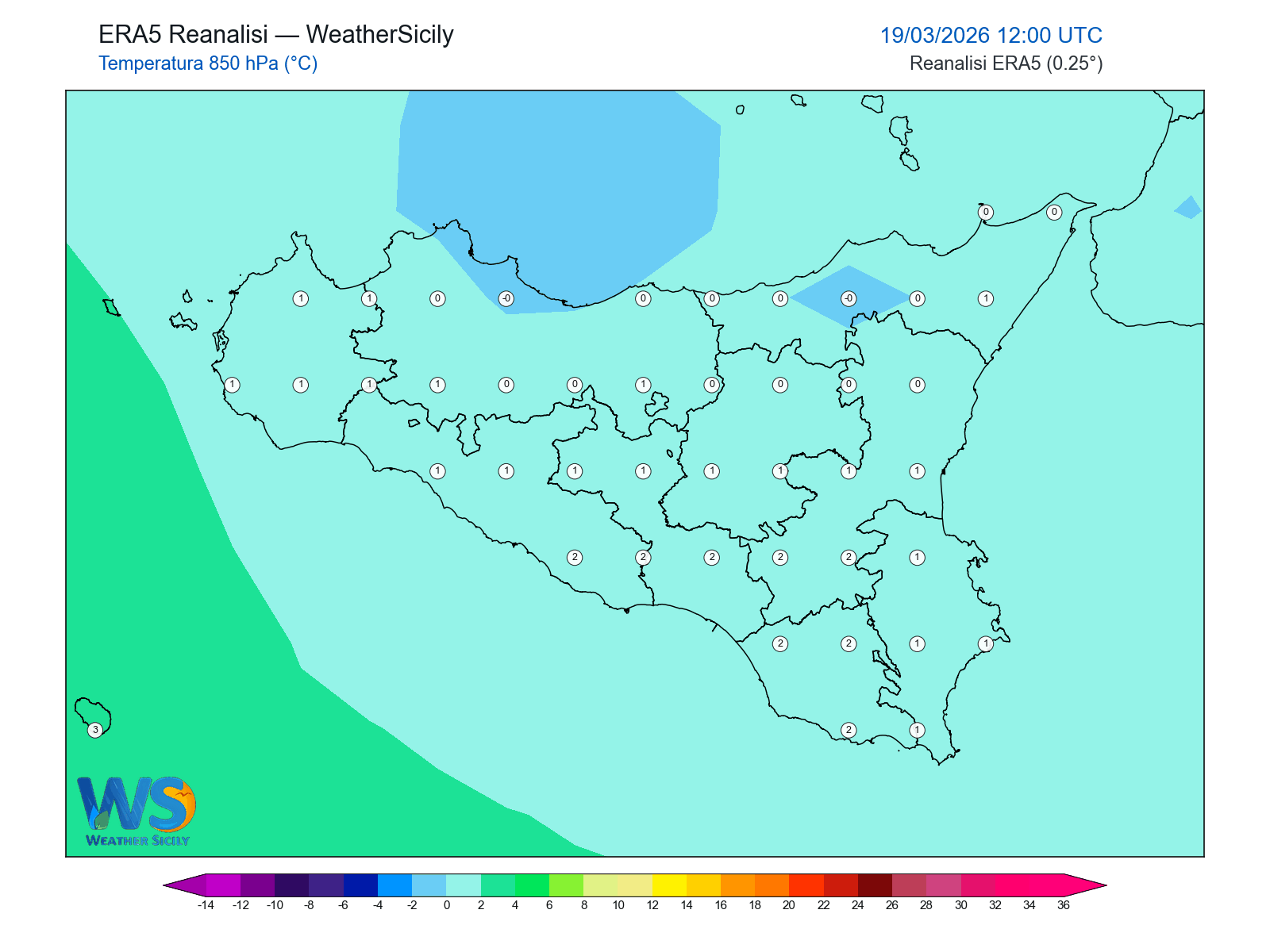 Temperatura a 850 hPa · 2026031912