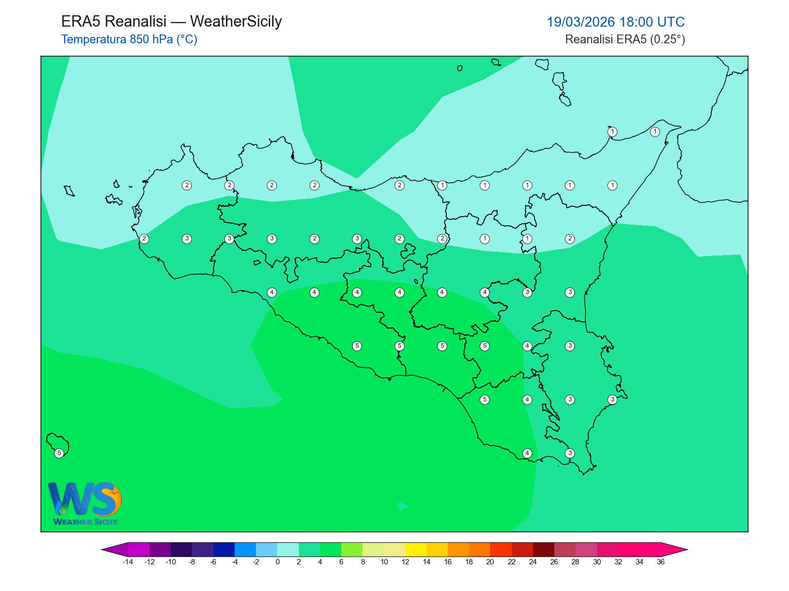 Temperatura a 850 hPa · 2026031918