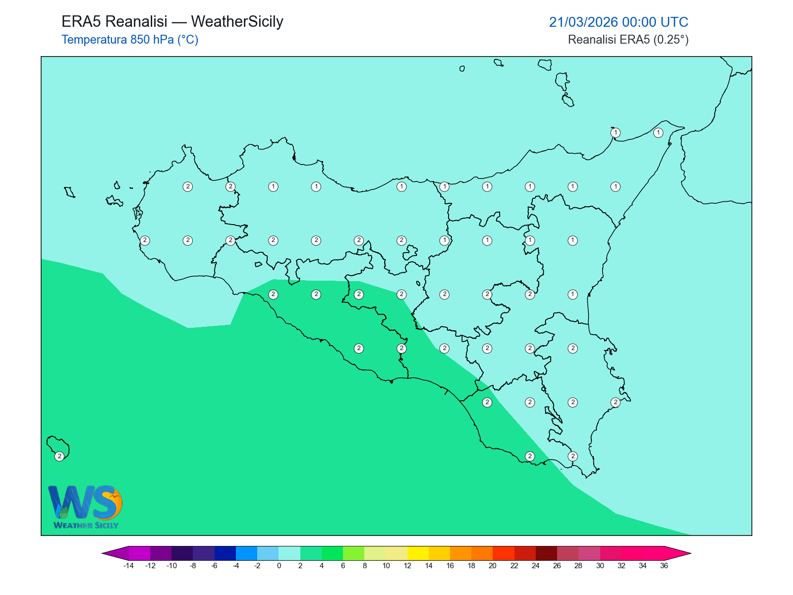 Temperatura a 850 hPa · 2026032100