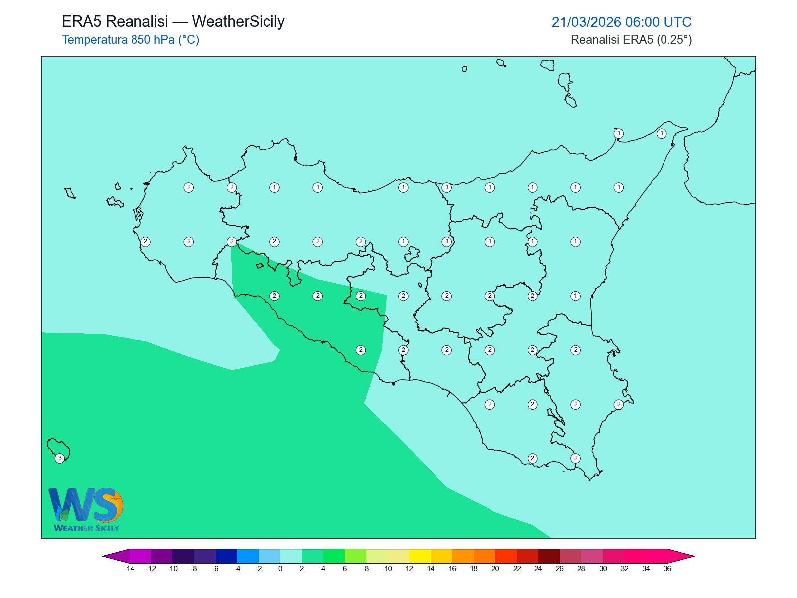 Temperatura a 850 hPa · 2026032106