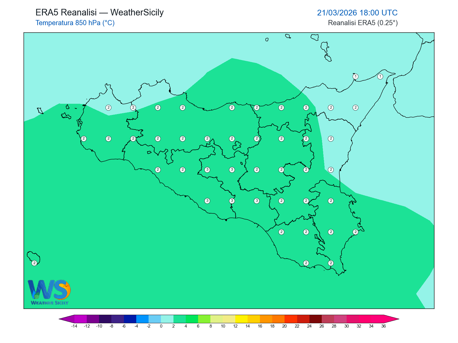 Temperatura a 850 hPa · 2026032118