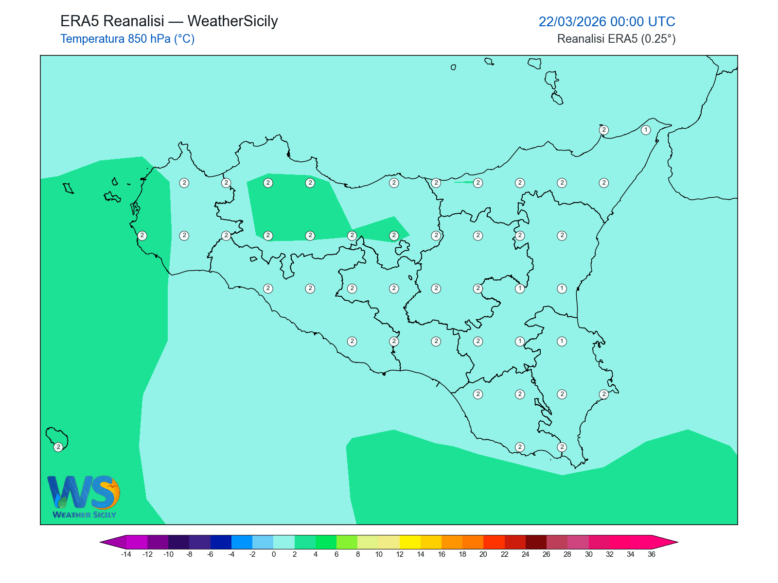 Temperatura a 850 hPa · 2026032200