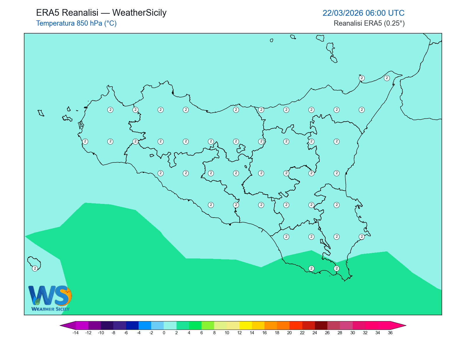 Temperatura a 850 hPa · 2026032206