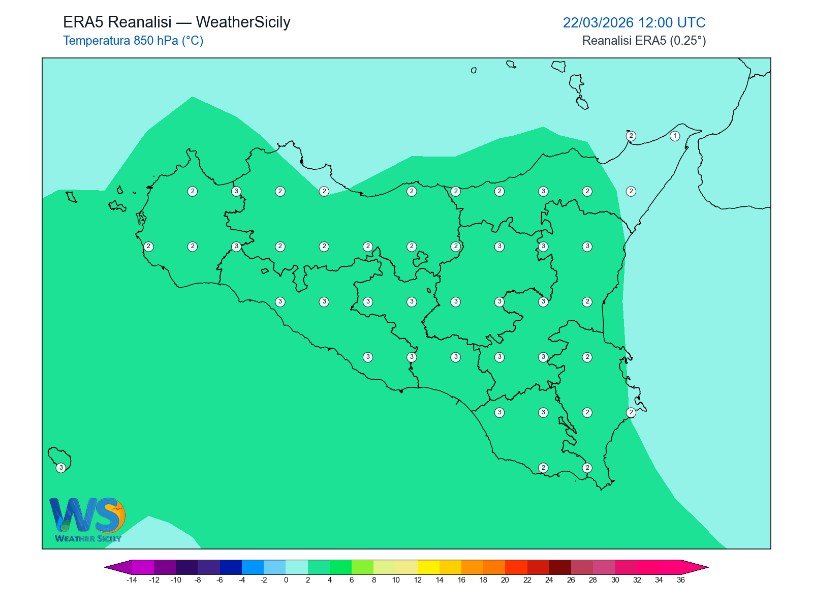 Temperatura a 850 hPa · 2026032212