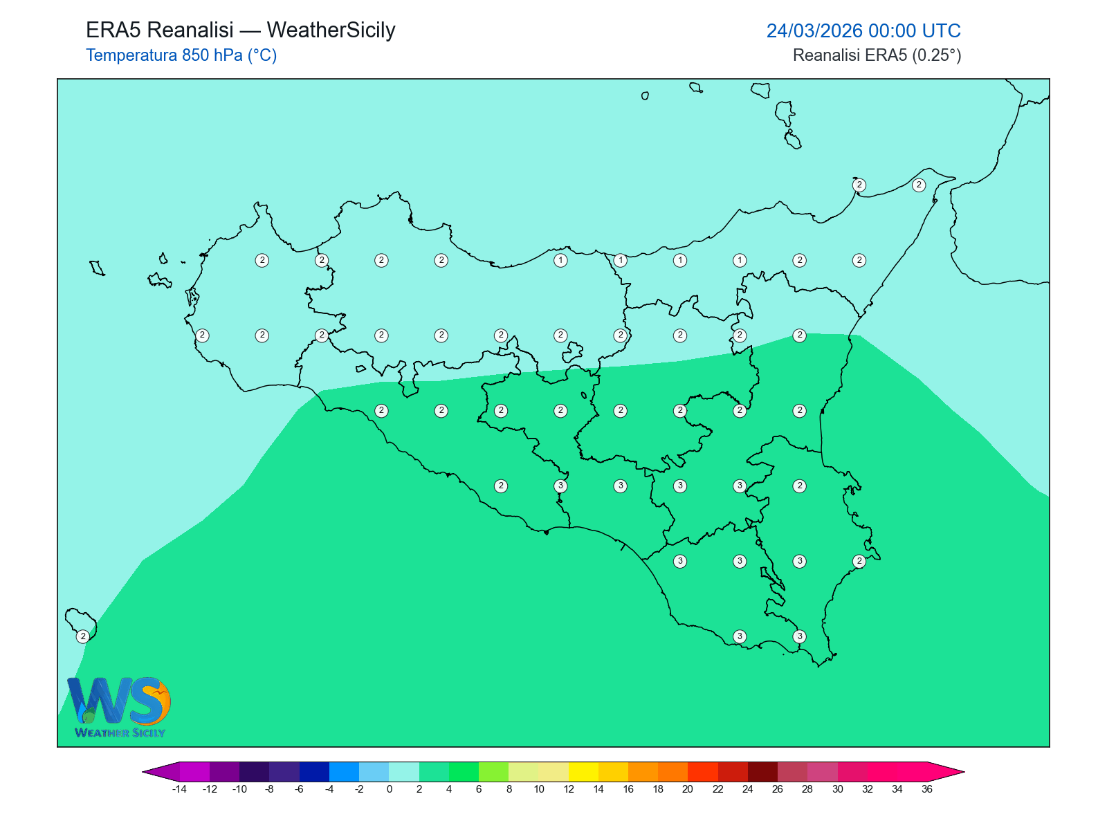 Temperatura a 850 hPa · 2026032400