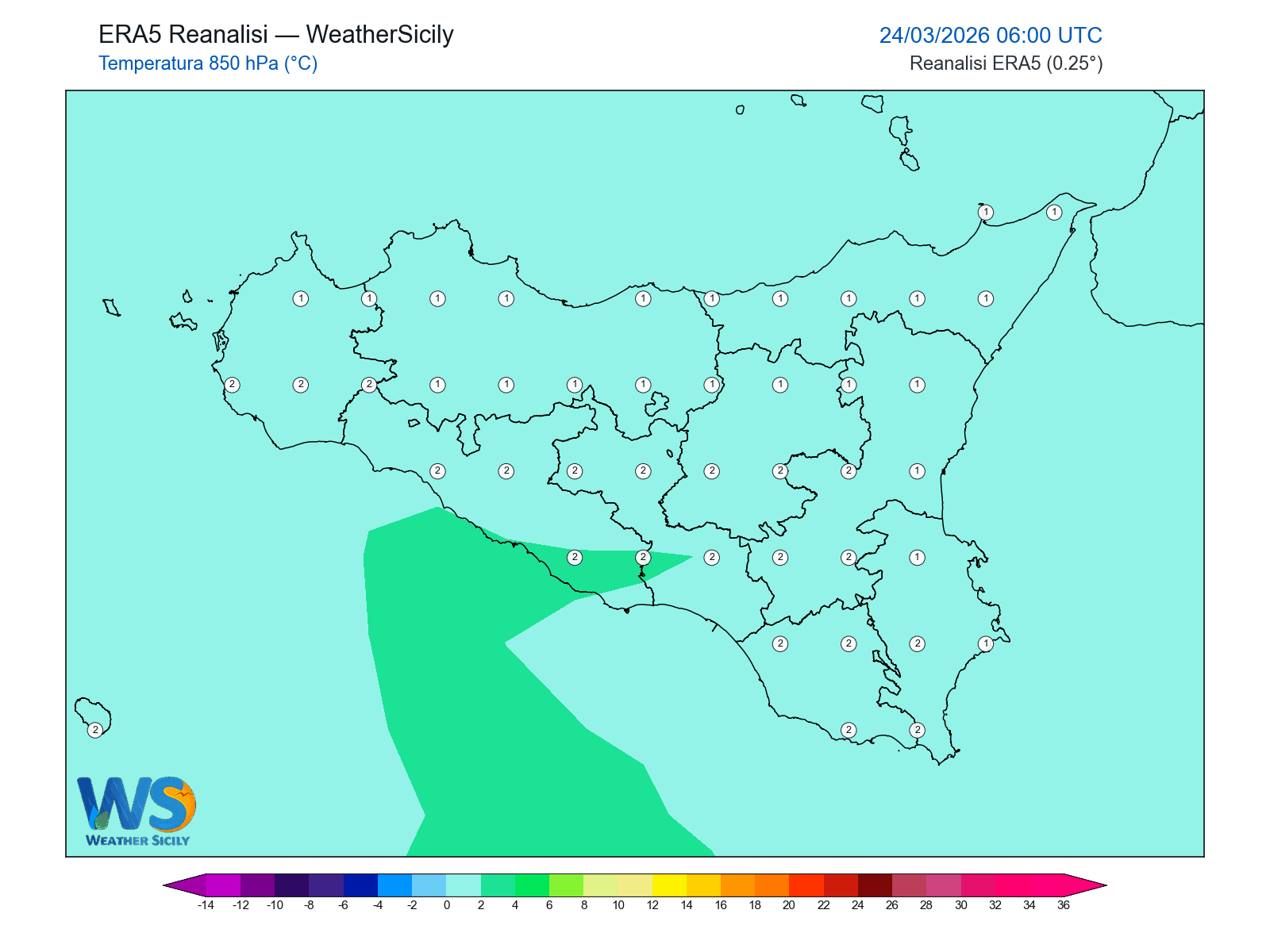 Temperatura a 850 hPa · 2026032406
