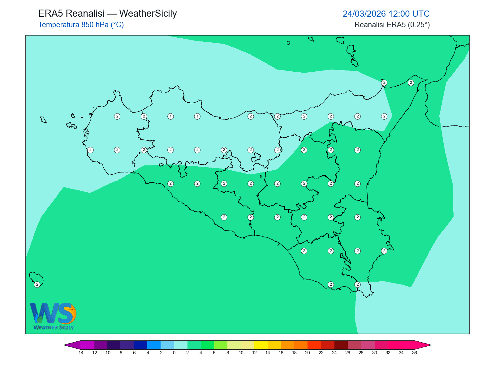 Temperatura a 850 hPa · 2026032412