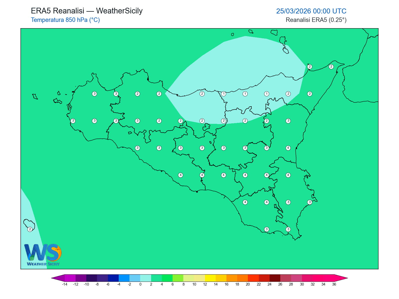 Temperatura a 850 hPa · 2026032500