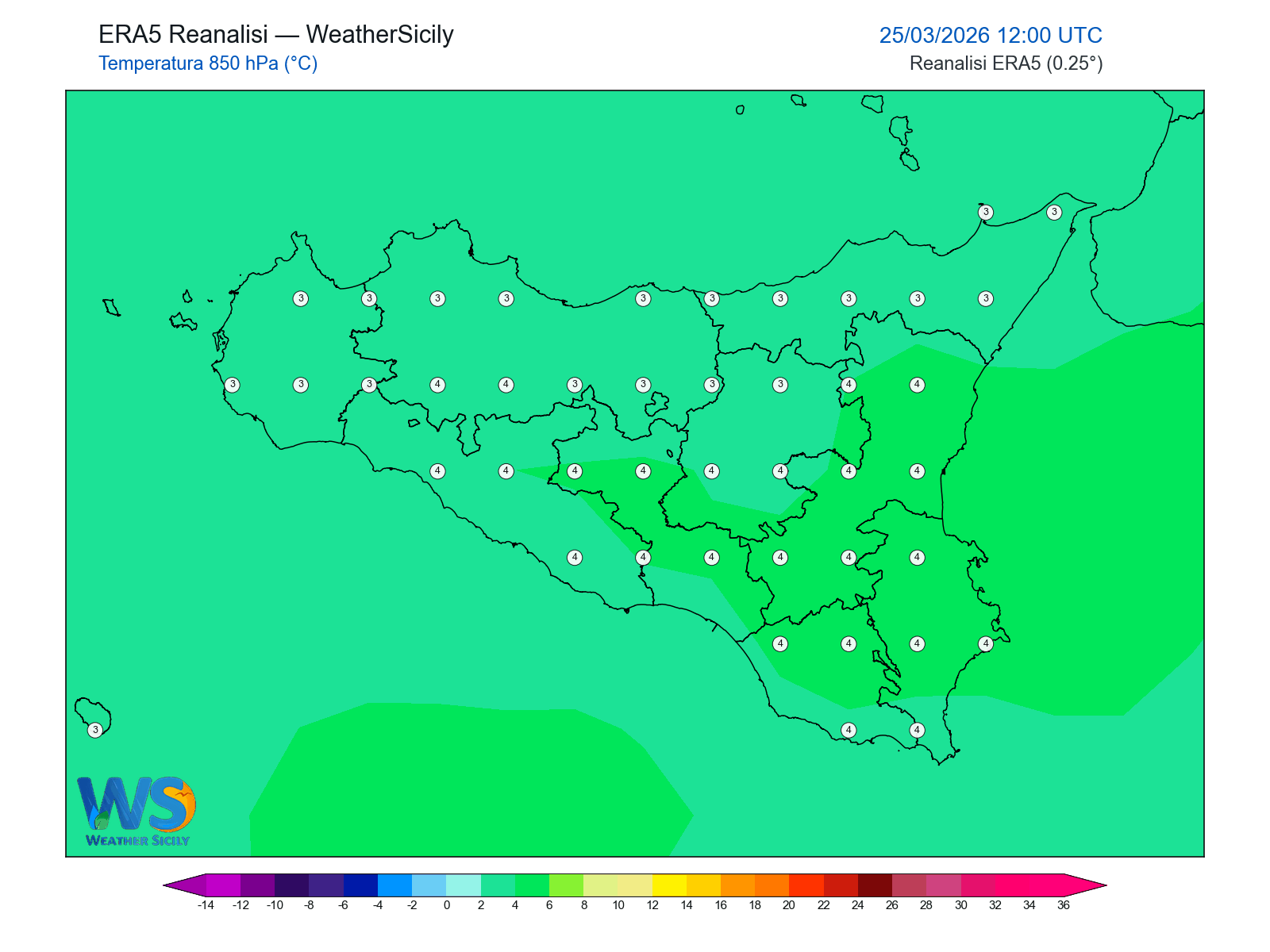 Temperatura a 850 hPa · 2026032512