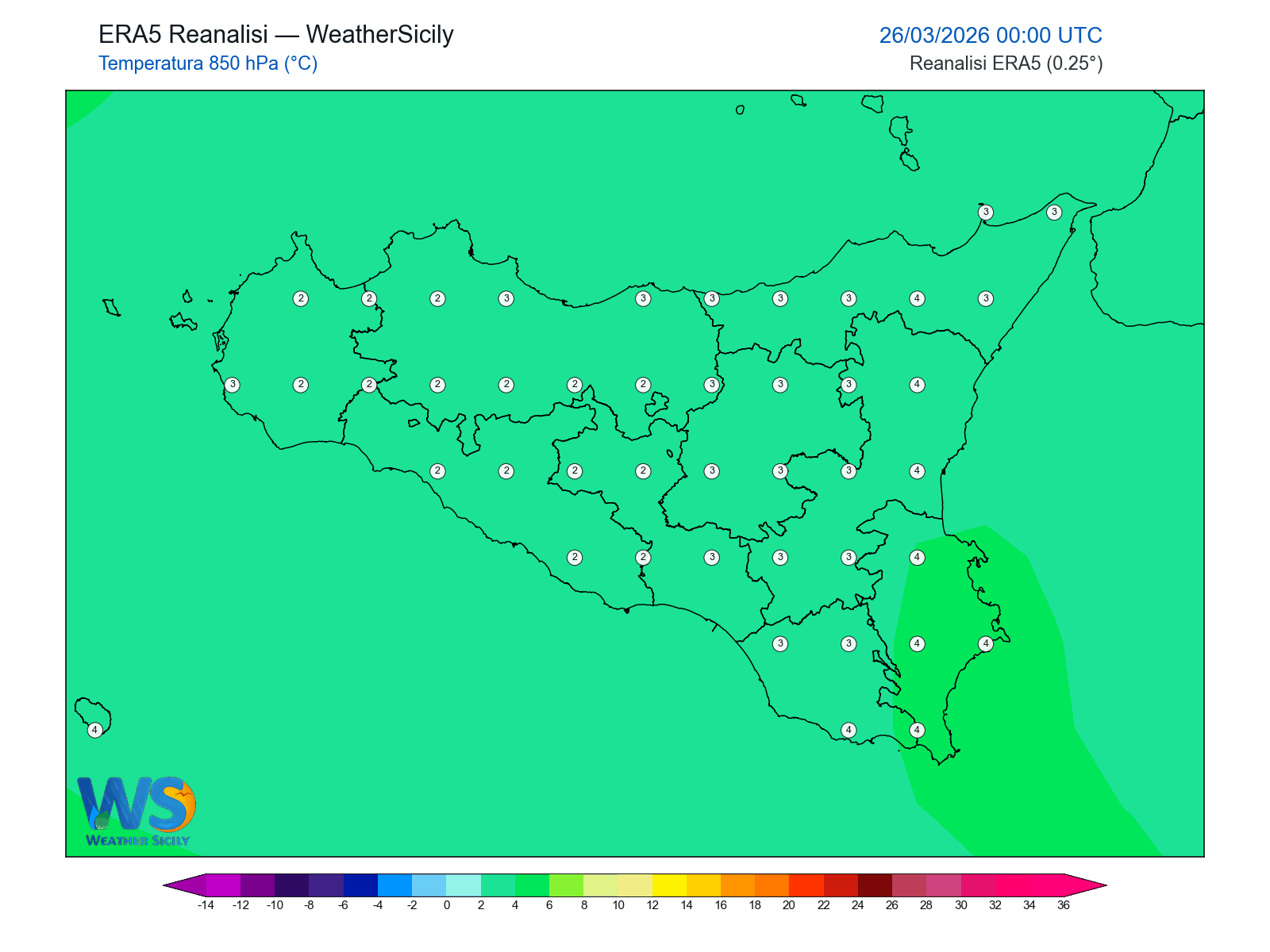 Temperatura a 850 hPa · 2026032600
