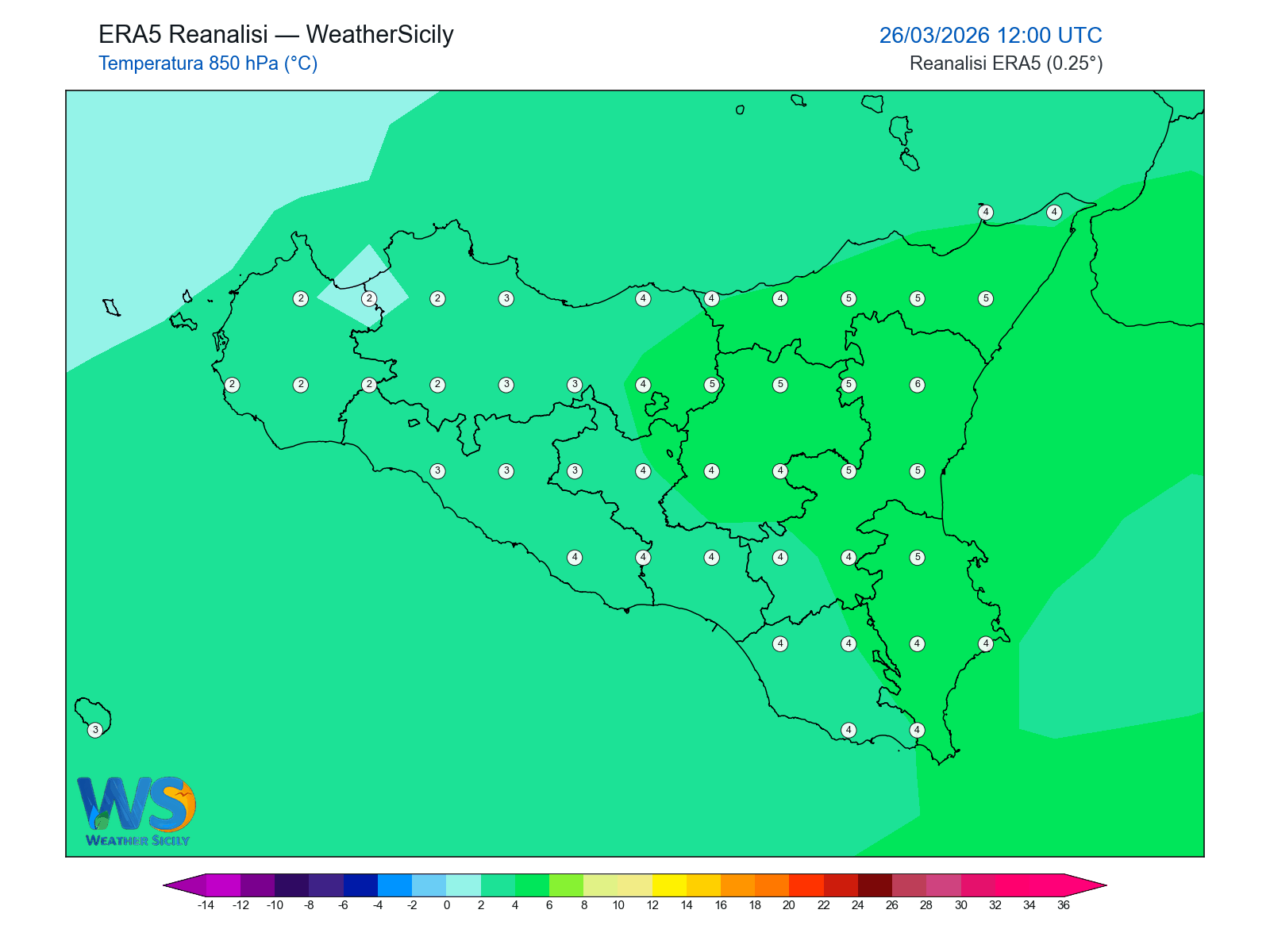Temperatura a 850 hPa · 2026032612