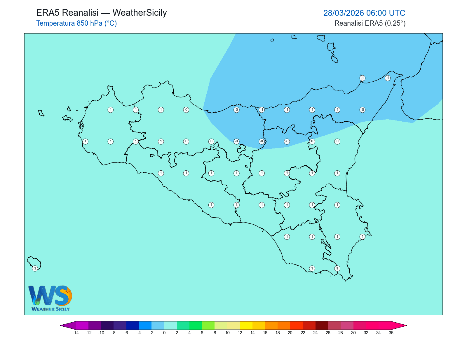 Temperatura a 850 hPa · 2026032806