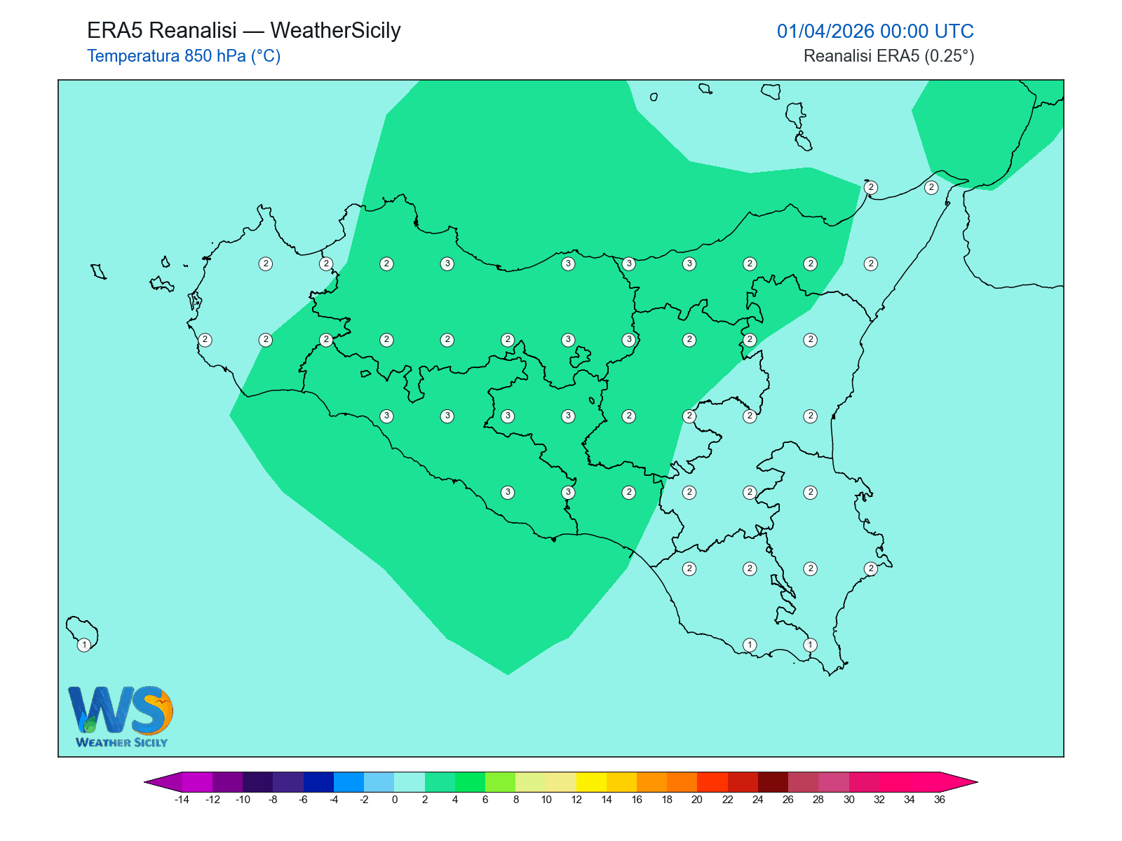 Temperatura a 850 hPa · 2026040100
