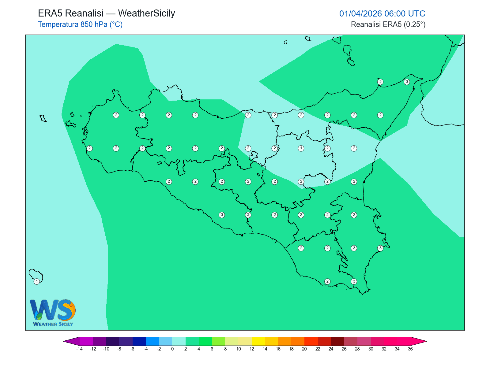 Temperatura a 850 hPa · 2026040106