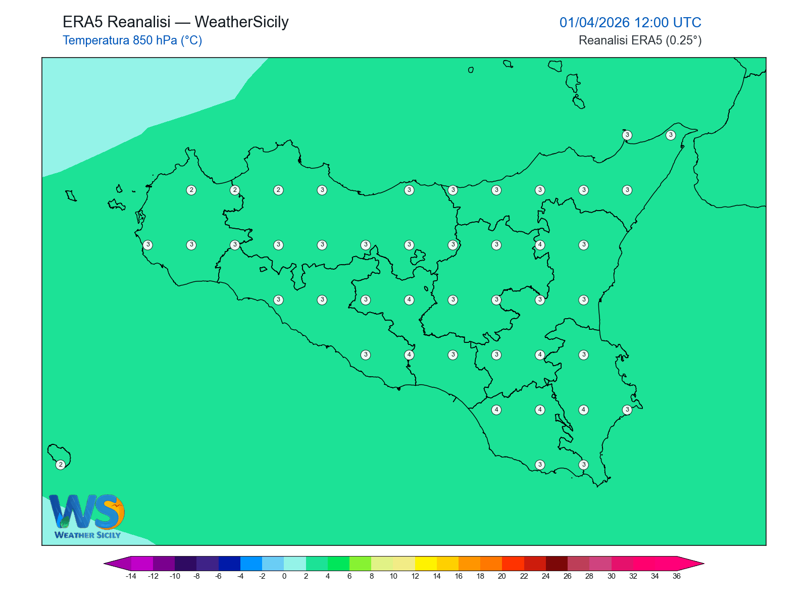 Temperatura a 850 hPa · 2026040112
