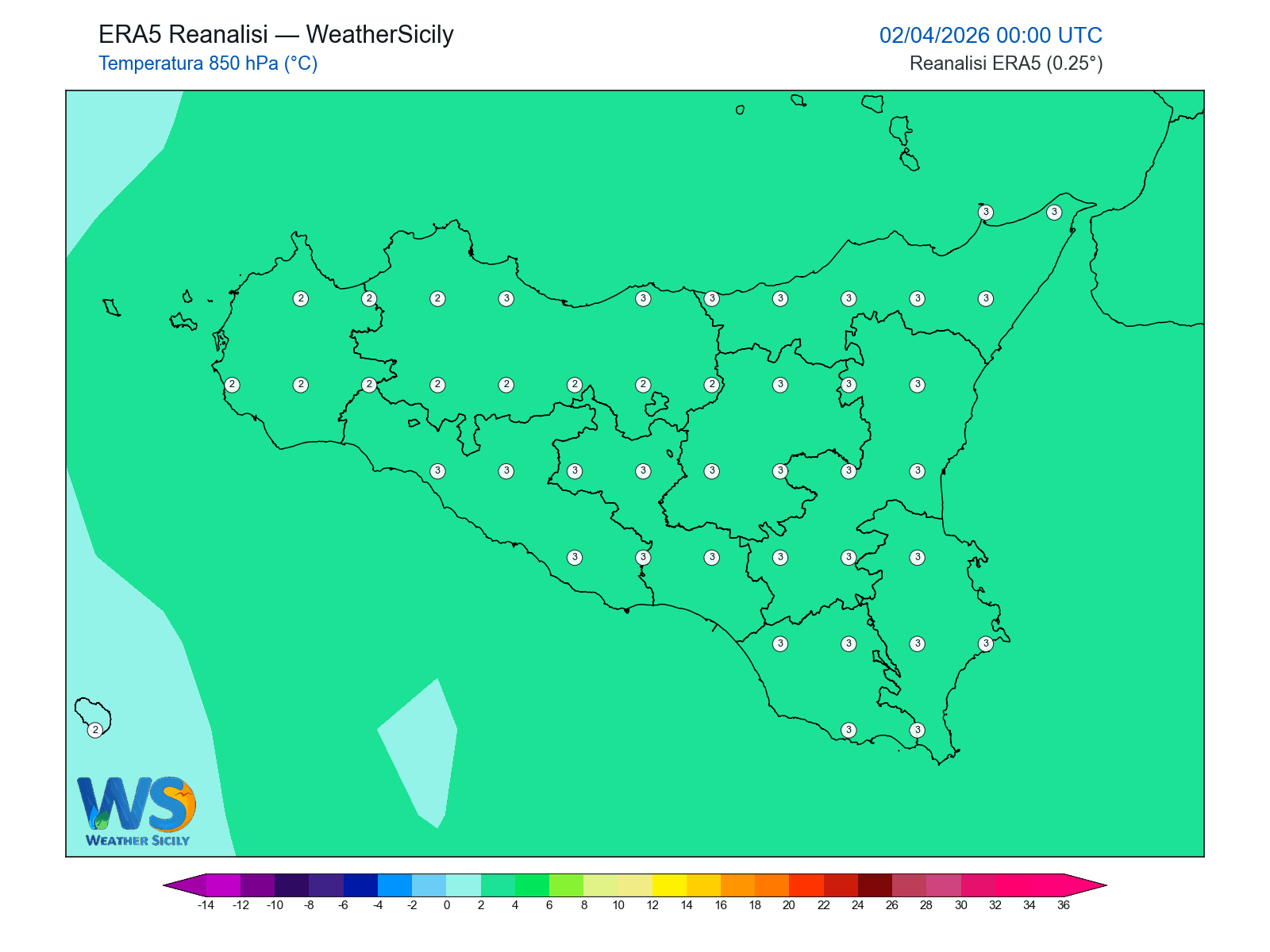 Temperatura a 850 hPa · 2026040200