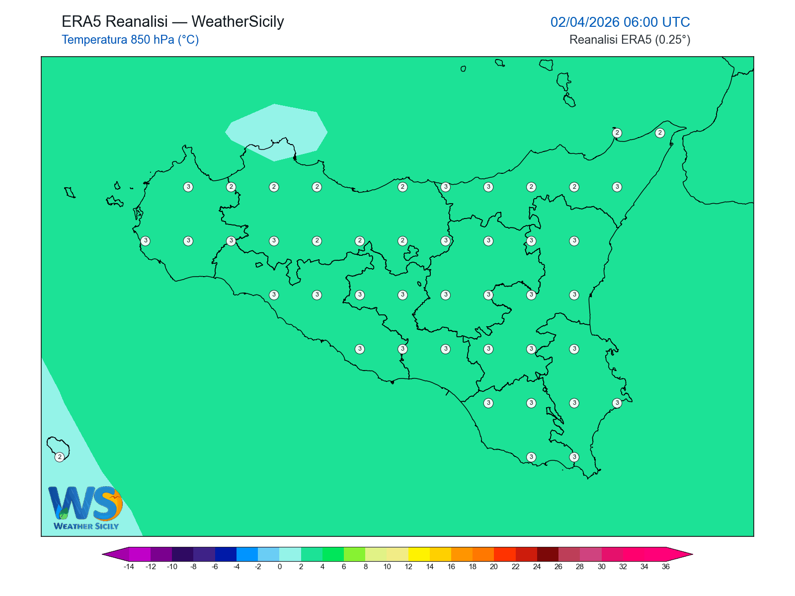 Temperatura a 850 hPa · 2026040206