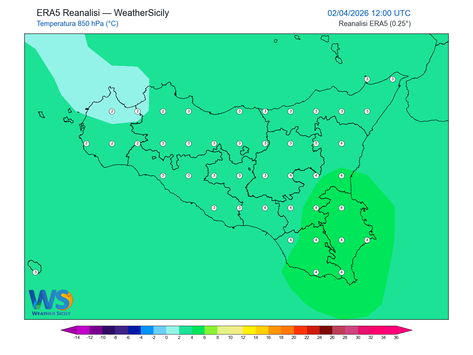 Temperatura a 850 hPa · 2026040212