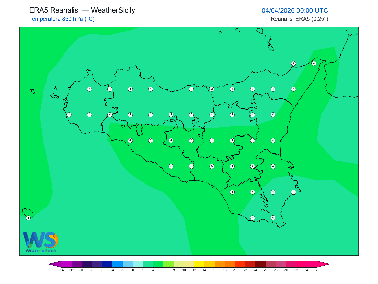 Temperatura a 850 hPa · 2026040400