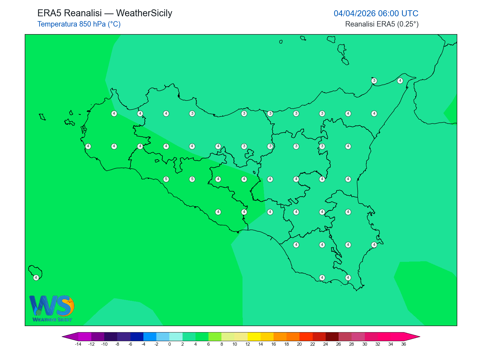 Temperatura a 850 hPa · 2026040406
