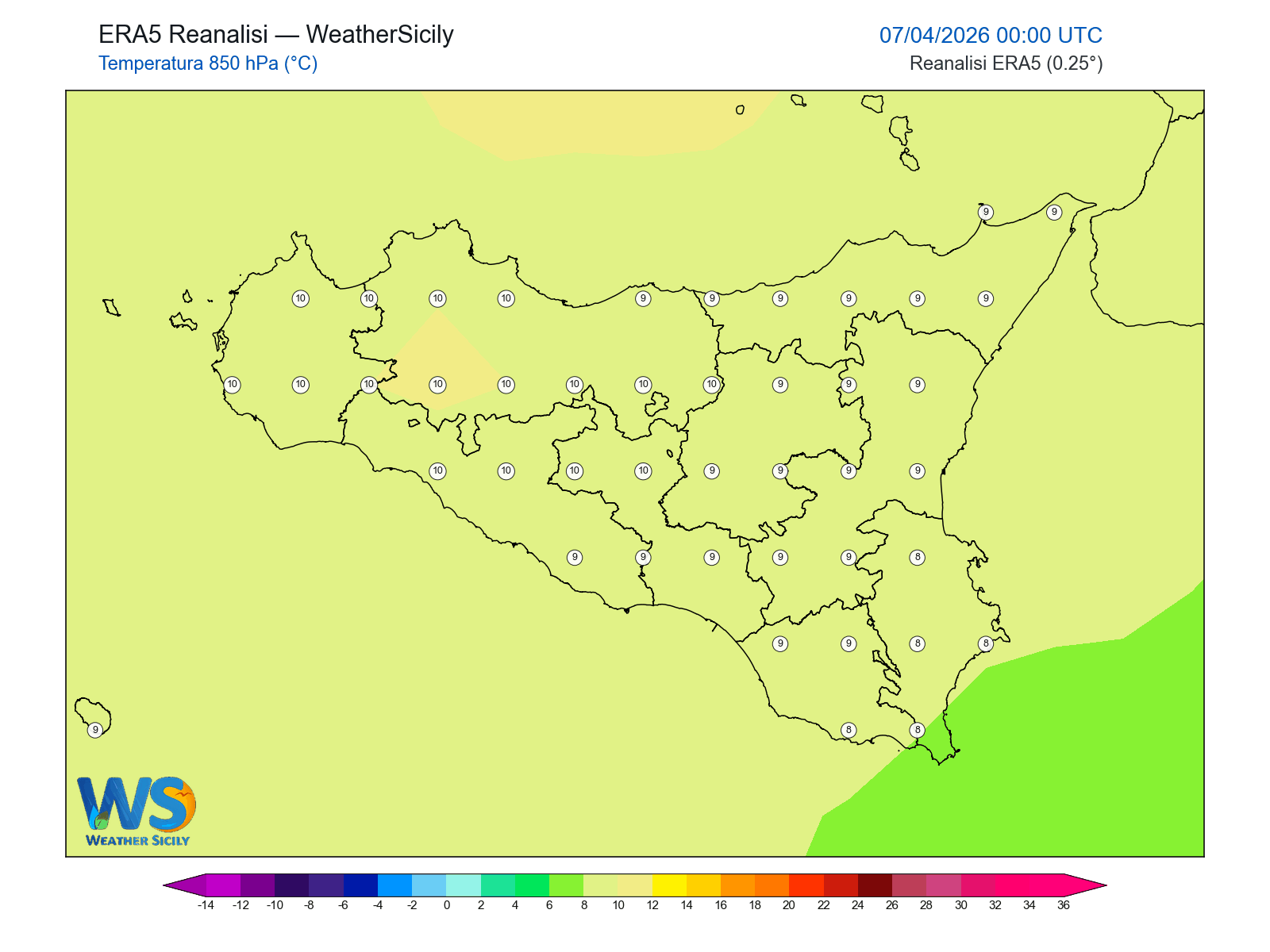 Temperatura a 850 hPa · 2026040700