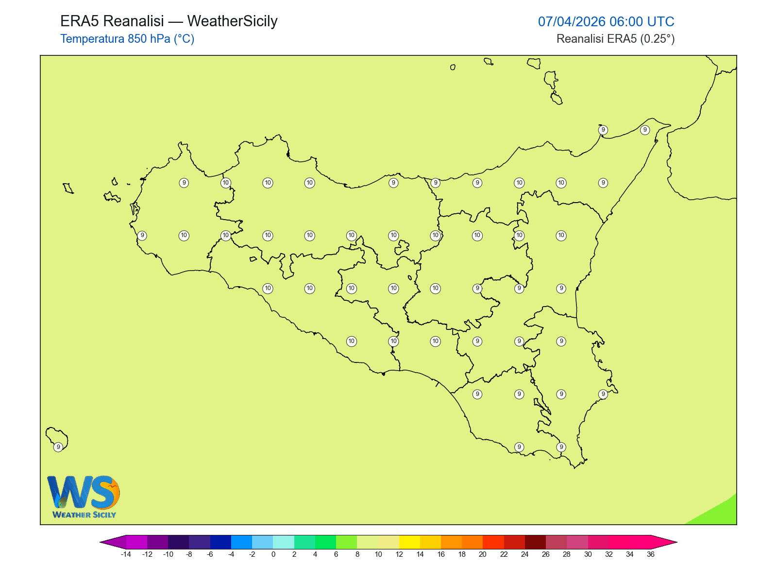Temperatura a 850 hPa · 2026040706
