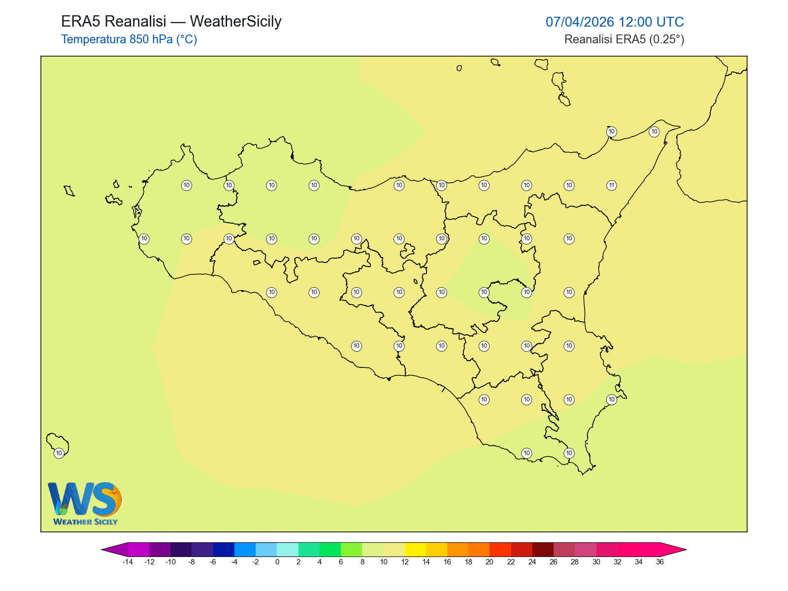 Temperatura a 850 hPa · 2026040712