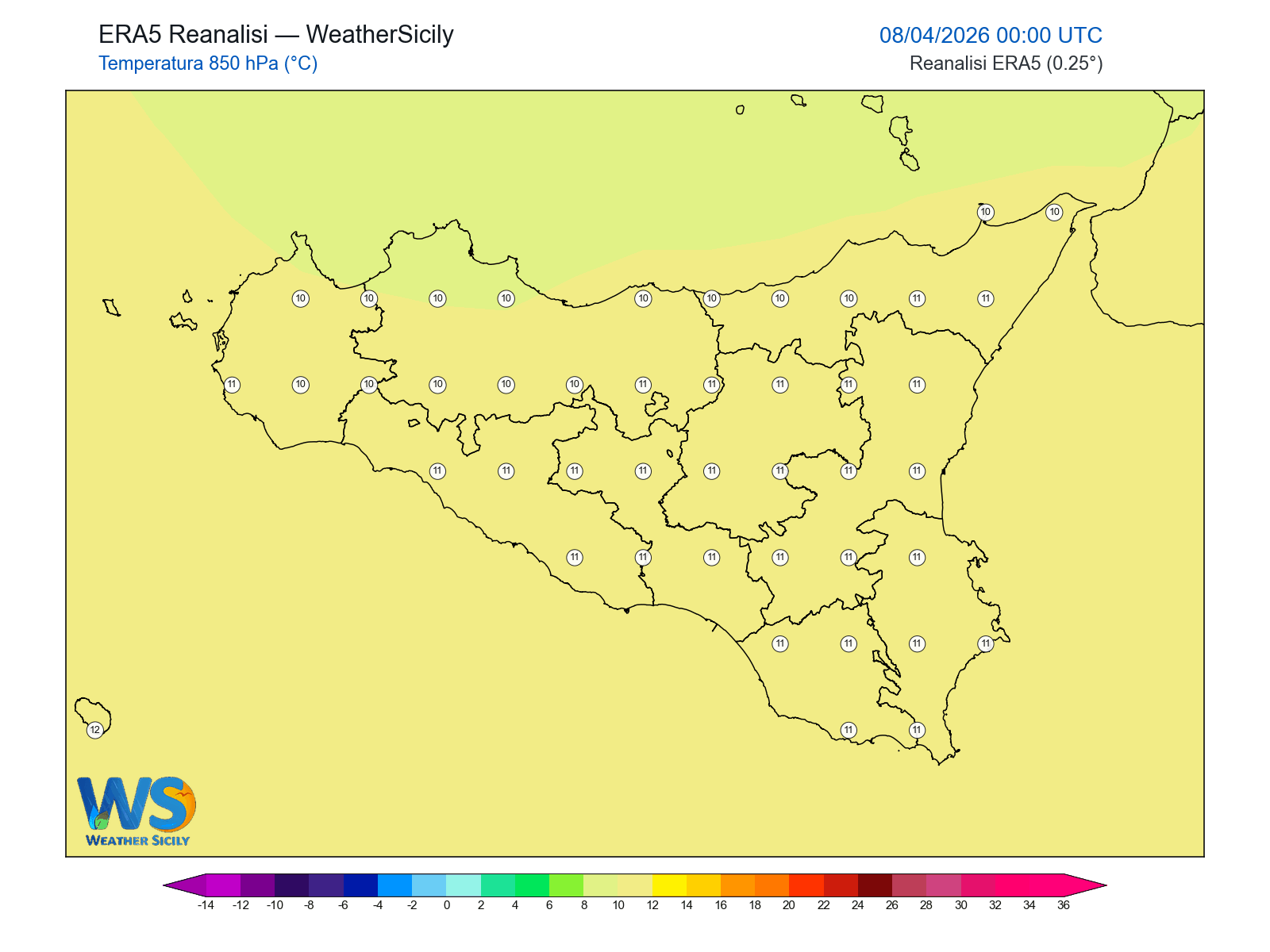 Temperatura a 850 hPa · 2026040800