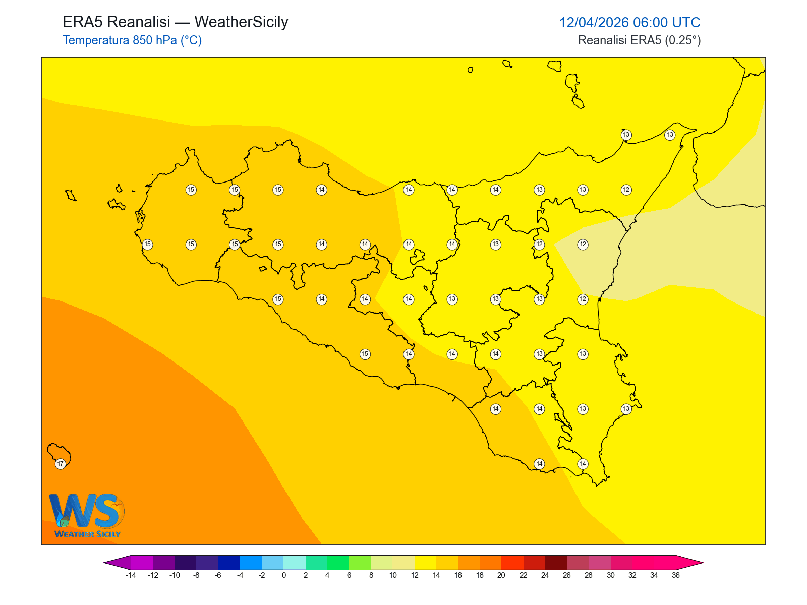 Temperatura a 850 hPa · 2026041206