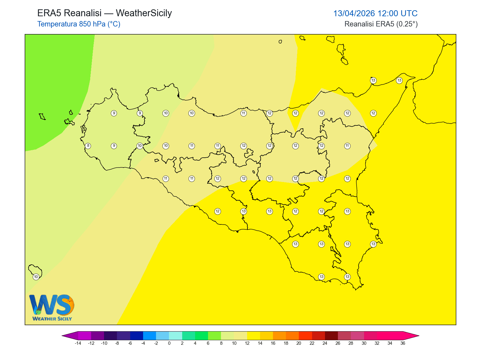 Temperatura a 850 hPa · 2026041312