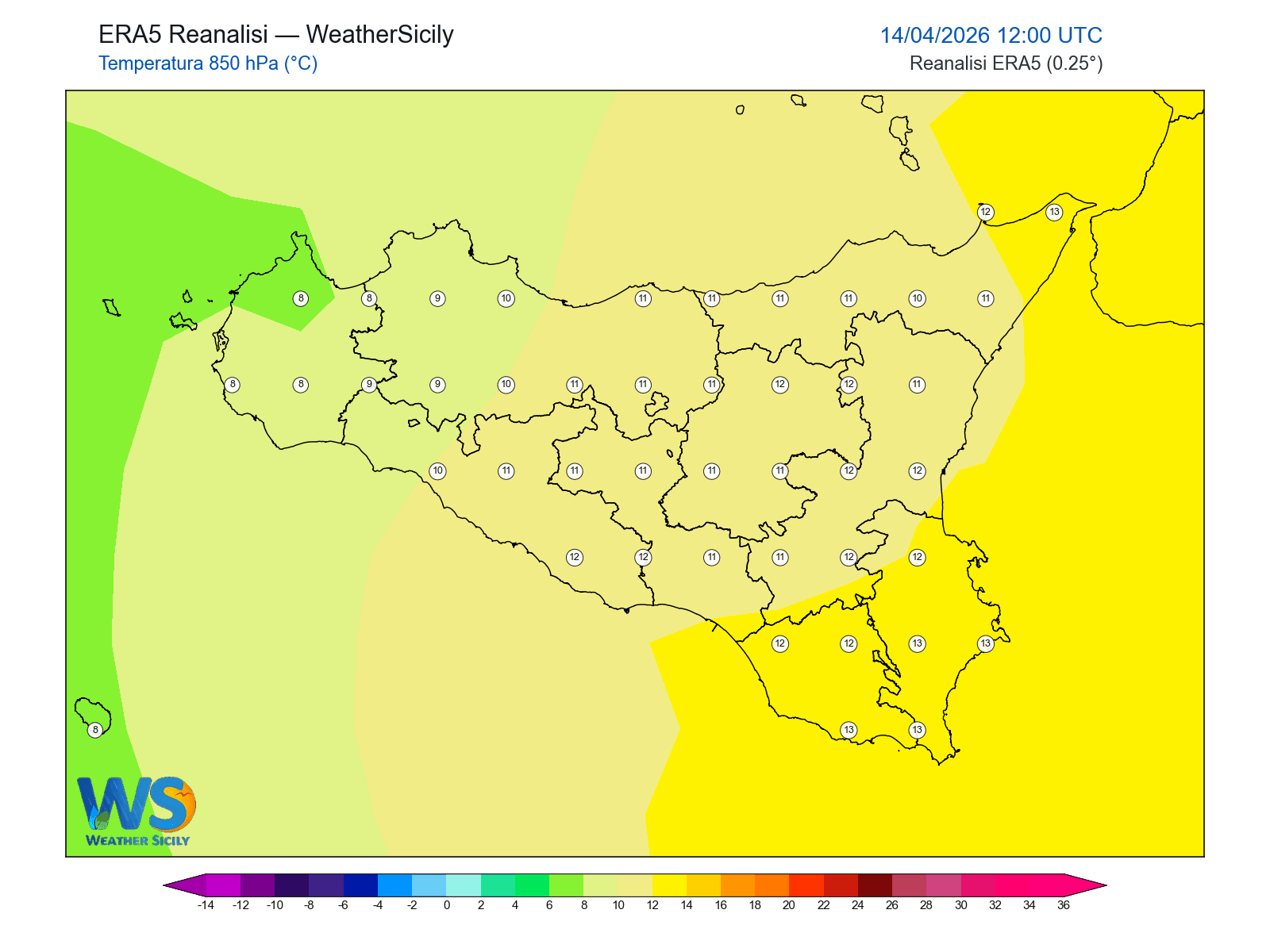 Temperatura a 850 hPa · 2026041412